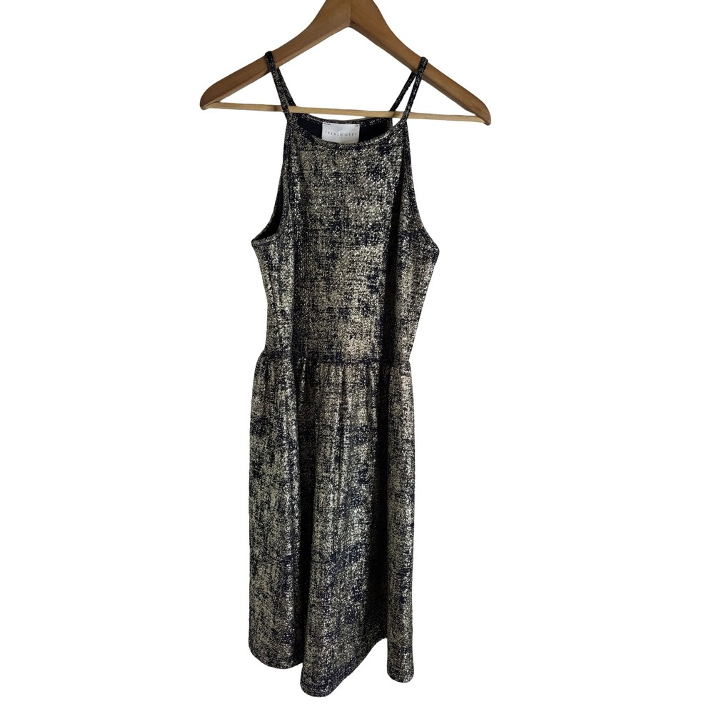 French Grey Stitch Fix Navy Gold Metallic Halter Fit Flare Dress MP Disco Glam